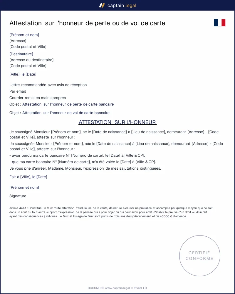 Attestation sur l'honneur de perte ou de vol de carte