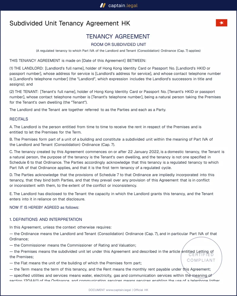 SDU Tenancy Agreement HK: Cap. 7 Part IVA Template