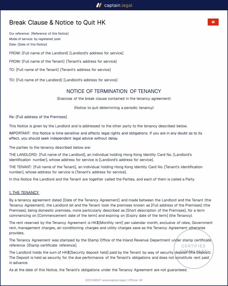Notice to Quit Hong Kong: Cap. 7 Break Clause Notice