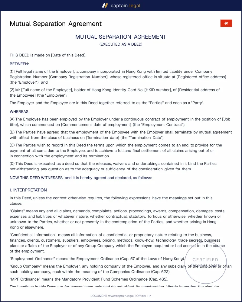Mutual Separation Agreement HK: Cap. 57 s.70 Deed