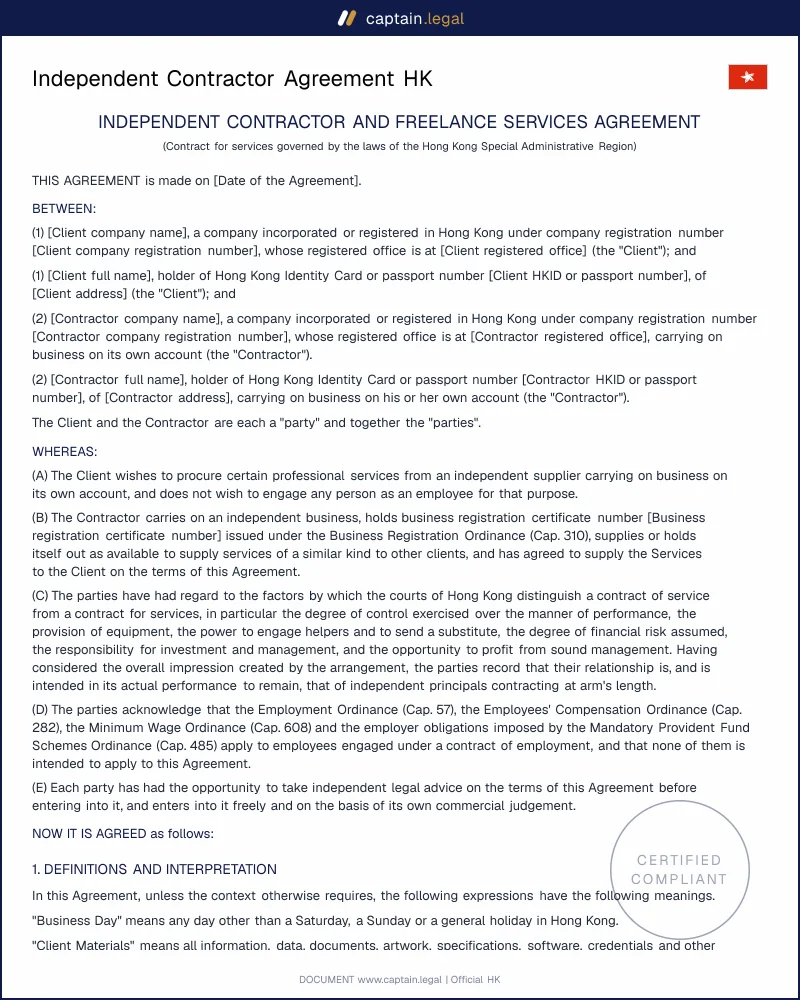 Independent Contractor Agreement HK: Cap. 57 and Cap. 485
