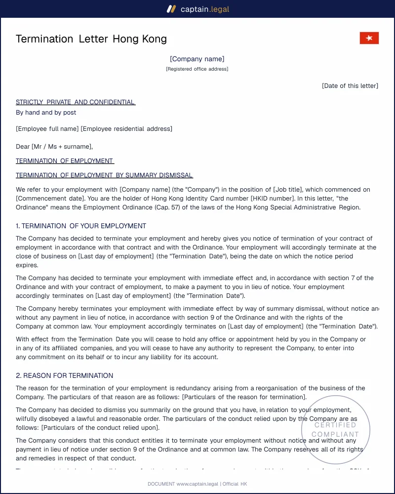 Termination Letter Hong Kong: Cap. 57 ss. 6, 7 and 9