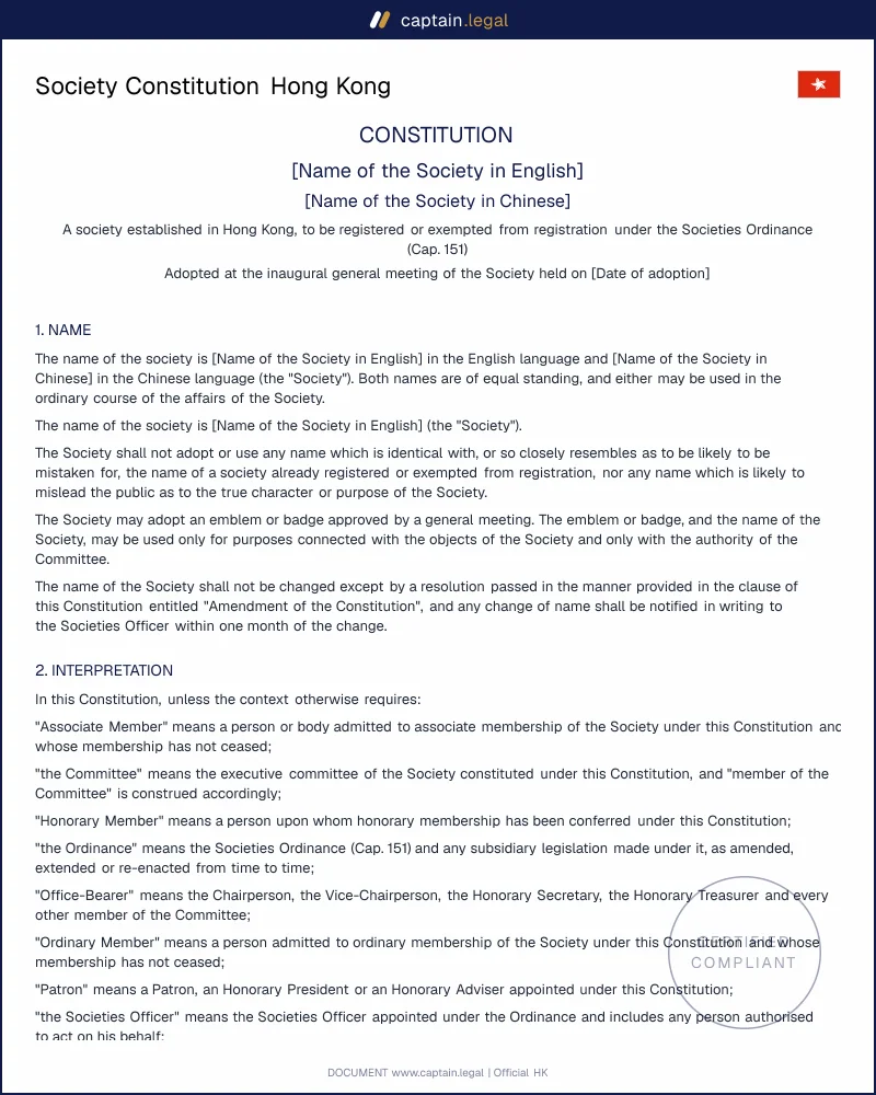 Society Constitution HK: Societies Ordinance Cap. 151