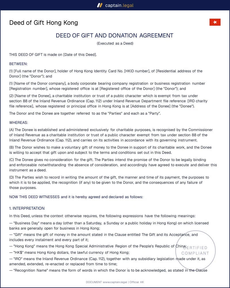 Deed of Gift HK: Cap. 112 s.26C Donation Agreement