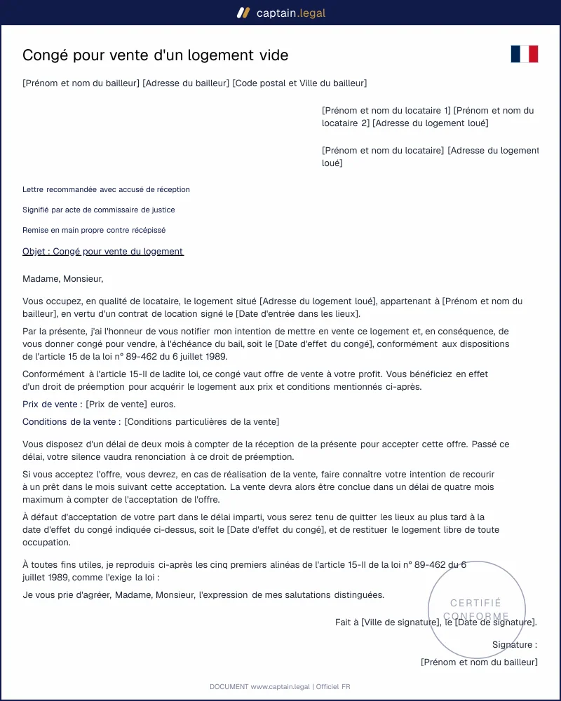 Congé au locataire pour vente d'un logement vide