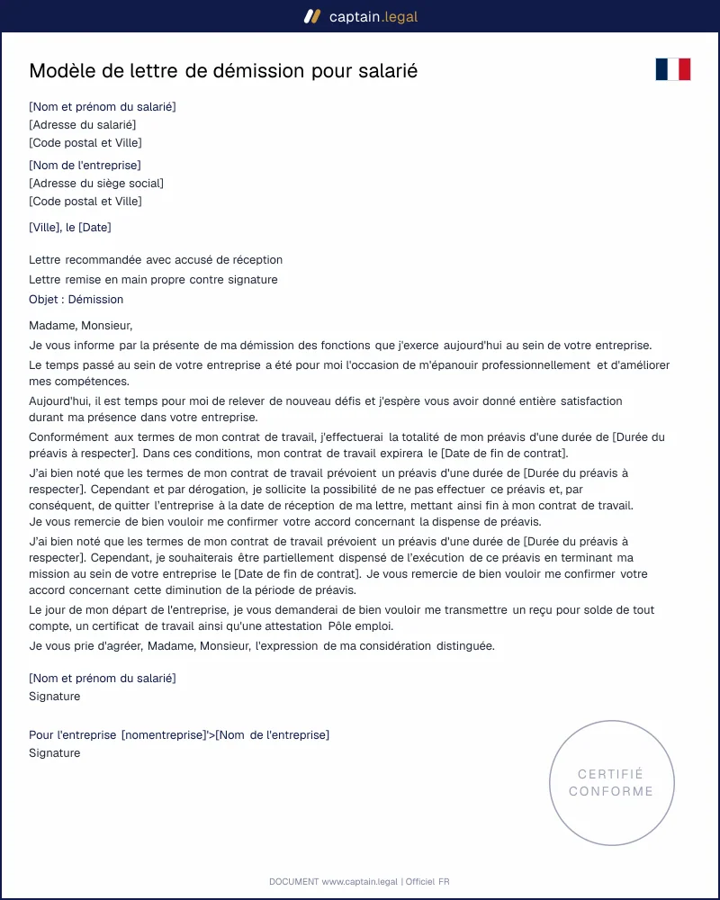 Modèle de lettre de démission pour salarié - CDD et CDI
