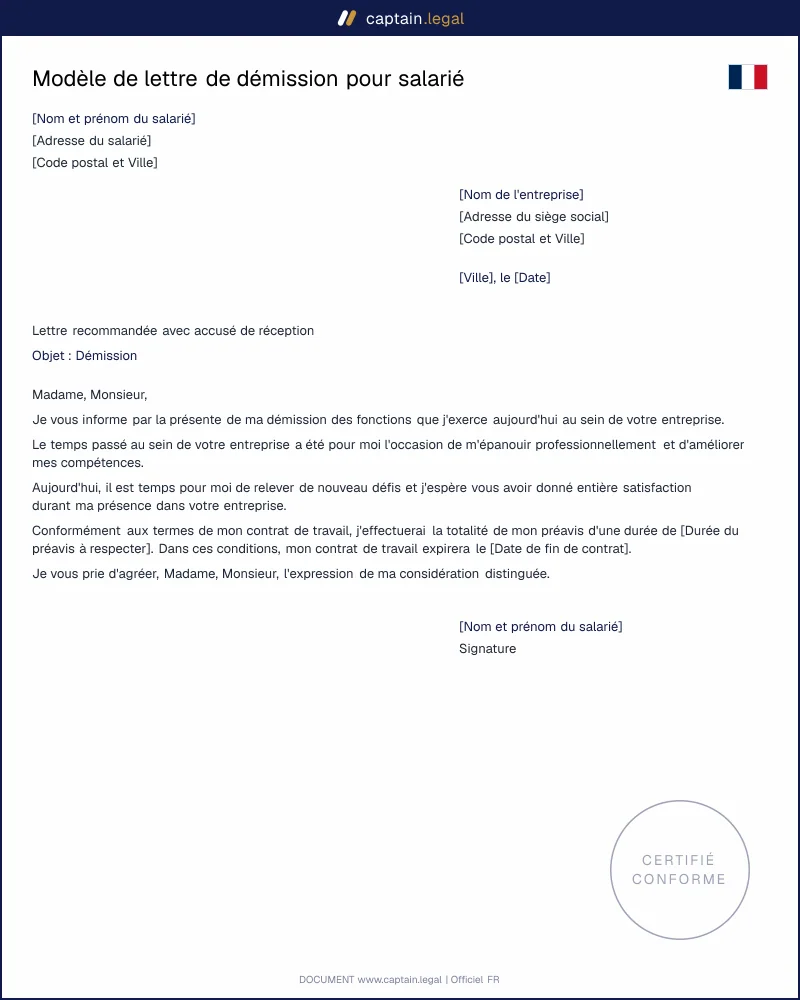 Modèle de lettre de démission pour salarié - CDD et CDI