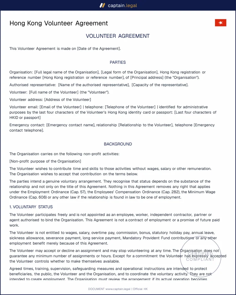 Volunteer Agreement Under Hong Kong Law