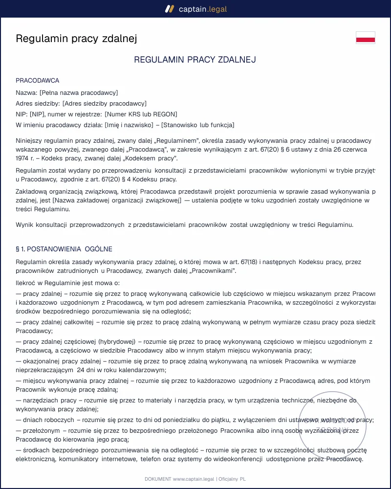 Regulamin pracy zdalnej wg art. 67²⁰ Kodeksu pracy