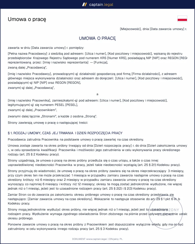 Umowa o pracę i informacja z art. 29 § 3 KP: wzór