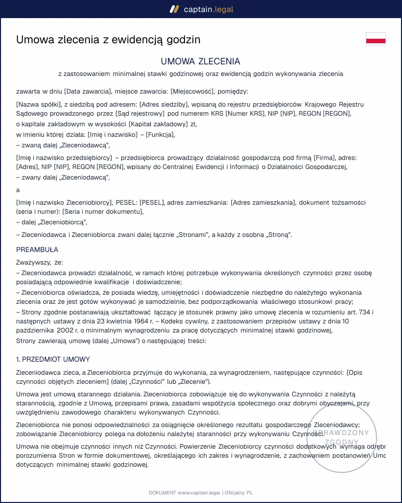 Umowa zlecenia z ewidencją godzin, art. 734 KC: wzór
