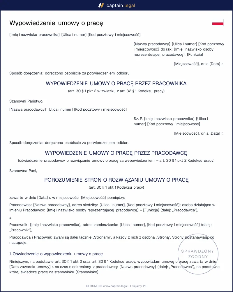 Wypowiedzenie umowy o pracę i porozumienie stron: art. 30 KP