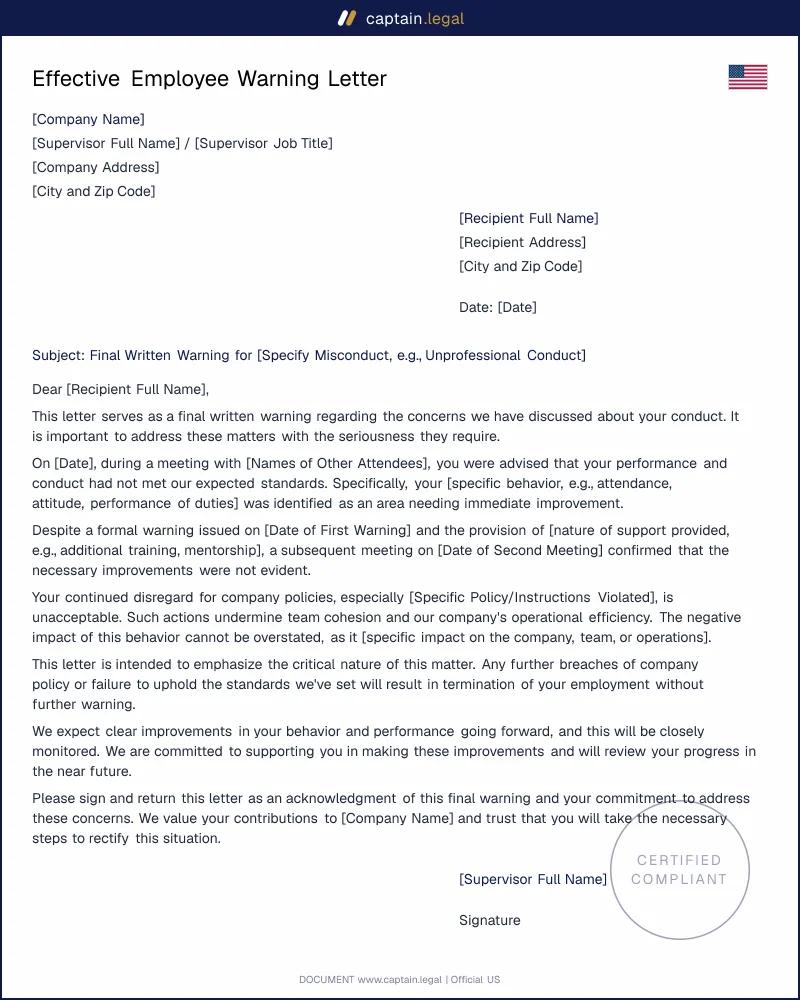 Final Employee Warning Letter - PDF and Word