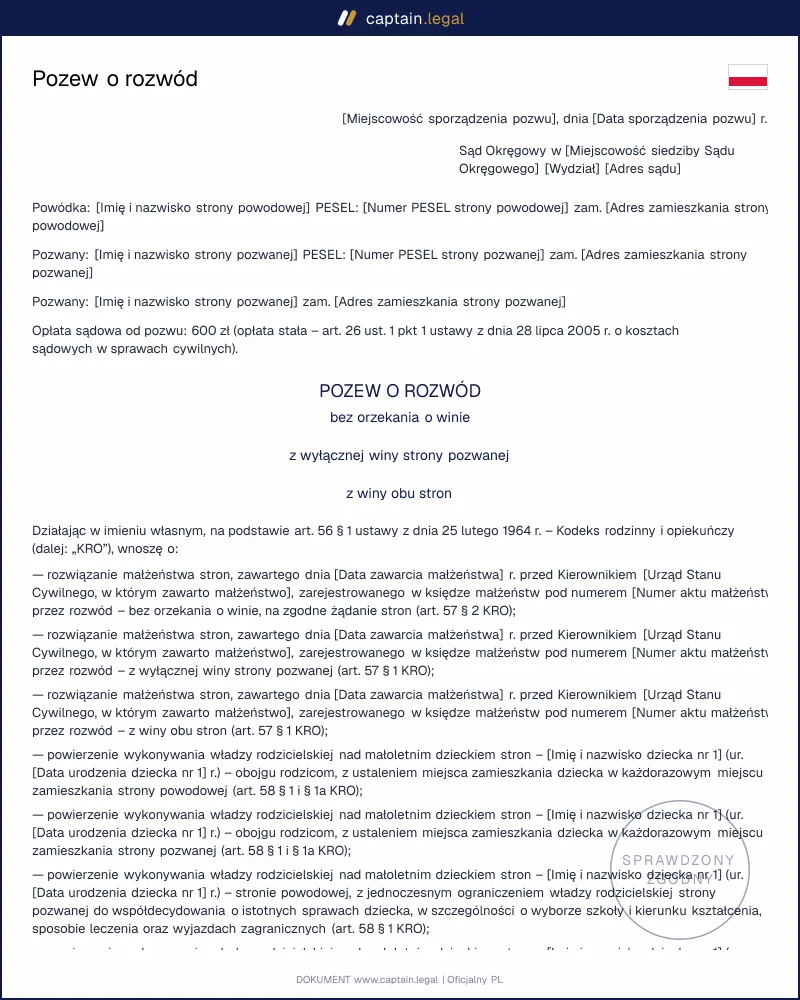 Pozew o rozwód wg art. 56 KRO: wzór z wnioskami