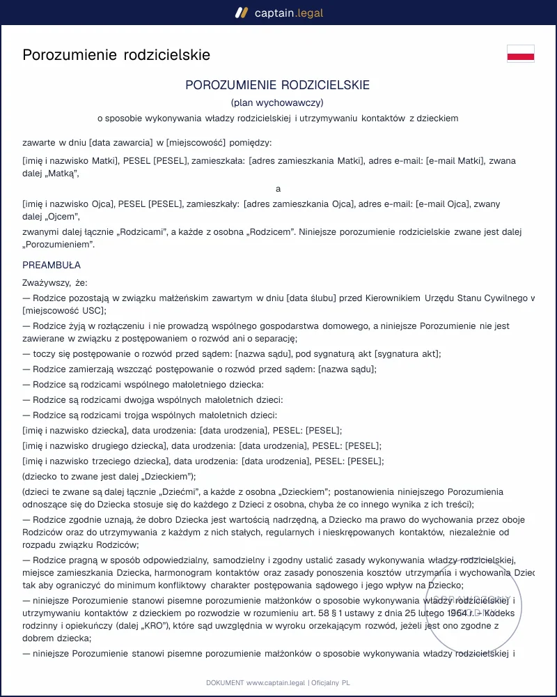 Porozumienie rodzicielskie wg art. 58 § 1 KRO: wzór do sądu
