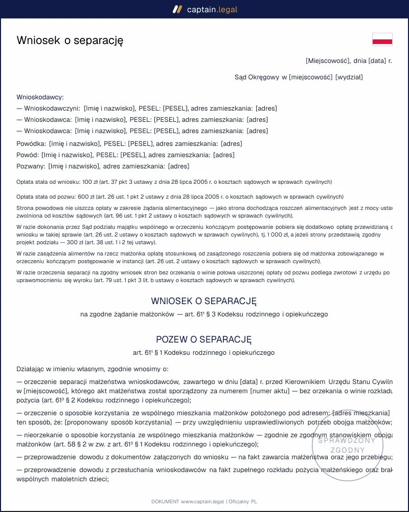 Wniosek o separację wg art. 61¹ KRO: wzór Word i PDF