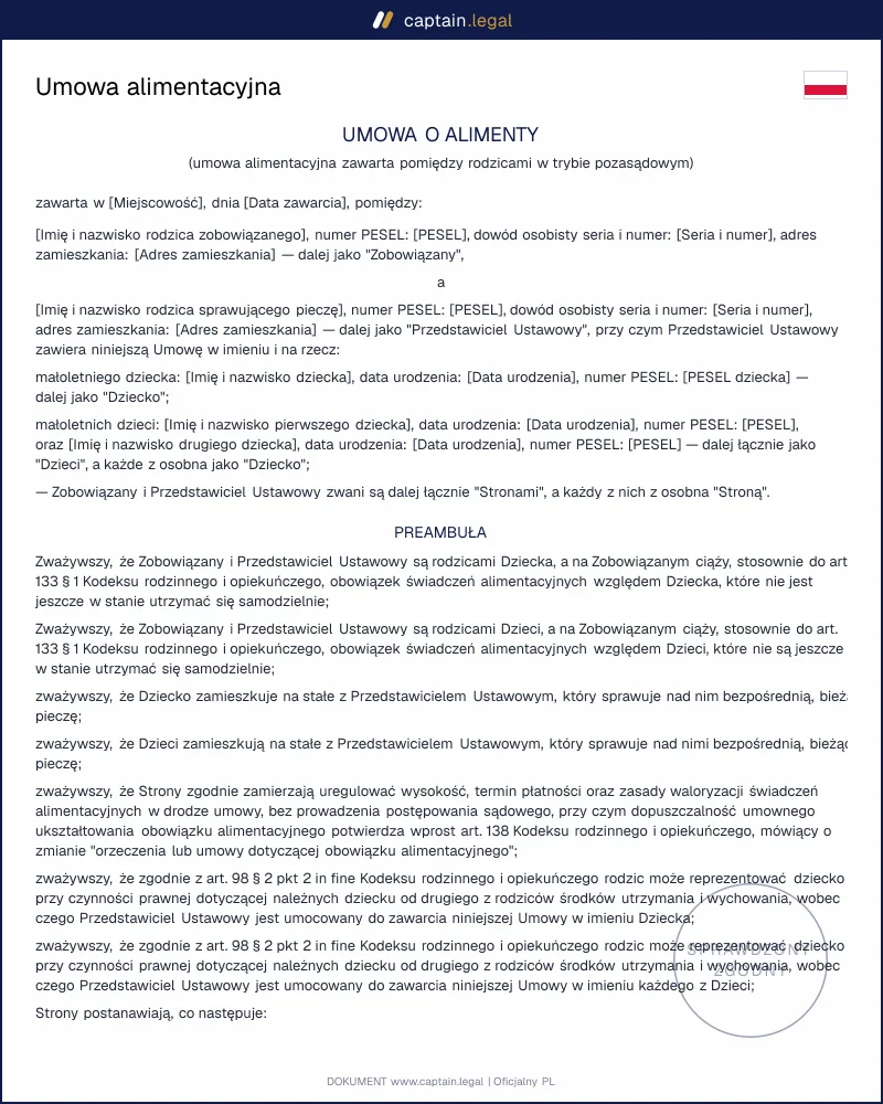 Umowa alimentacyjna wg art. 138 KRO: wzór Word i PDF
