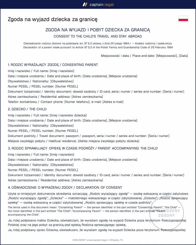 Zgoda na wyjazd dziecka za granicę wg art. 97 § 2 KRO