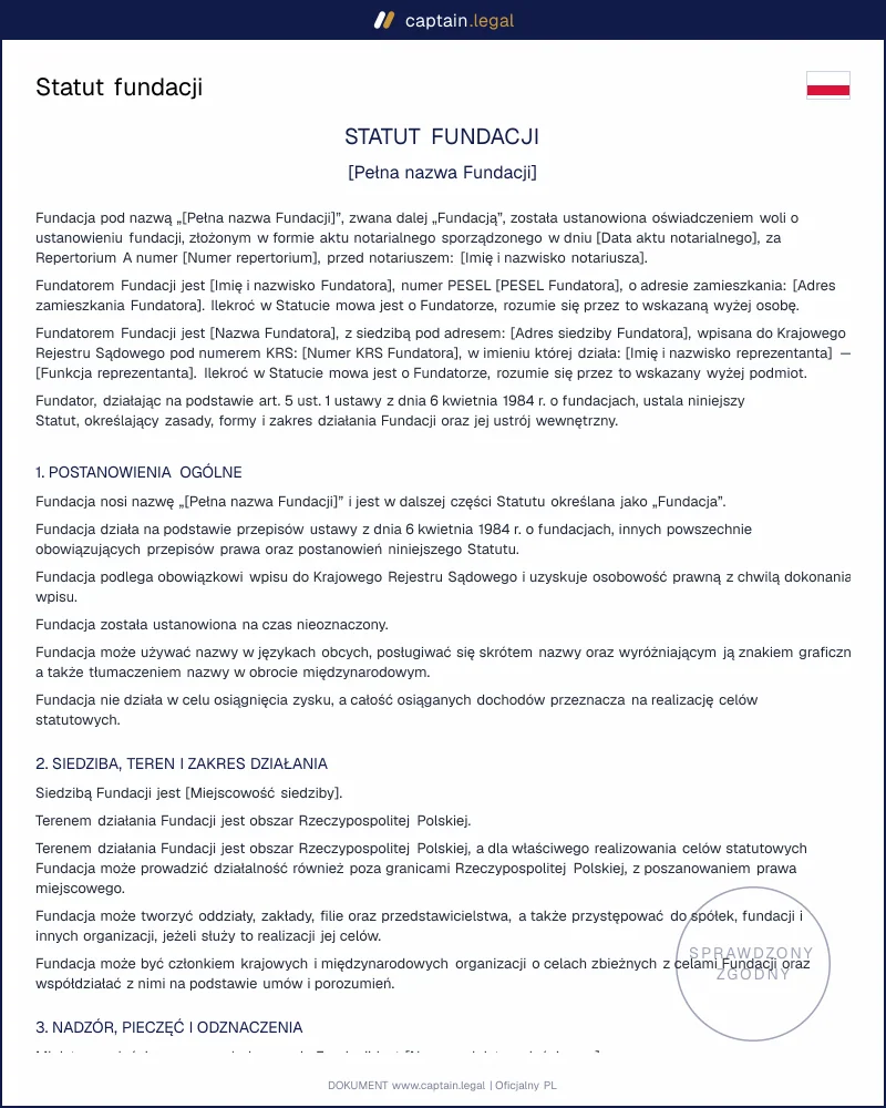 Statut fundacji wg art. 5 ustawy o fundacjach