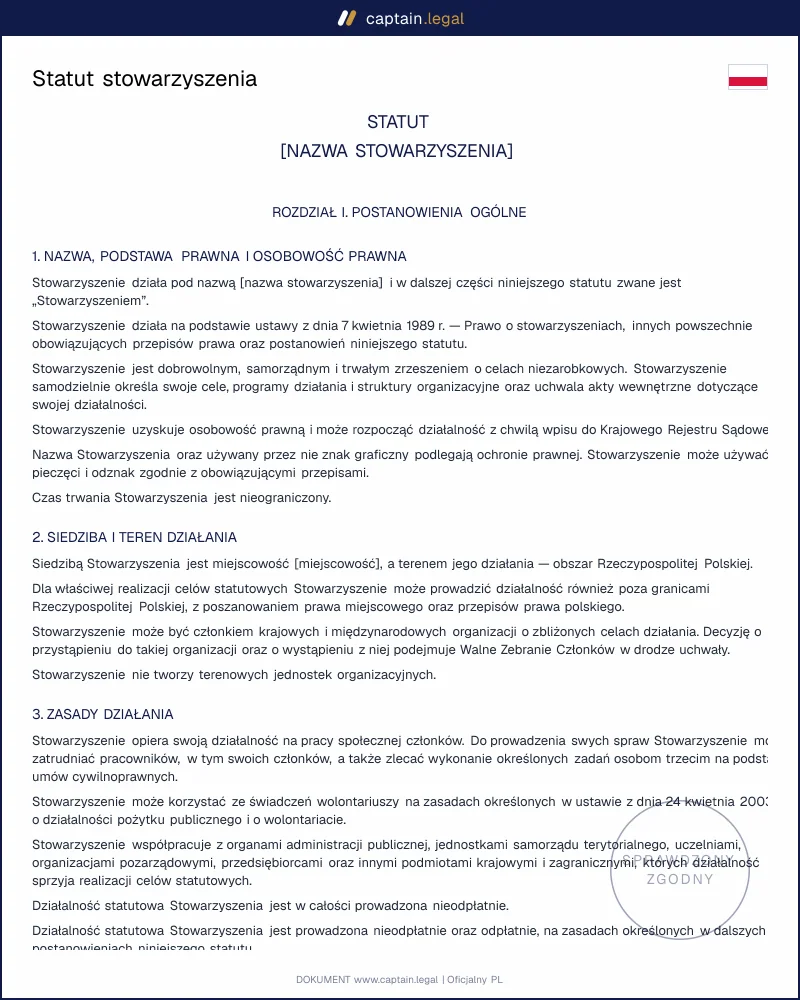 Statut stowarzyszenia wg art. 10 Prawa o stowarzyszeniach