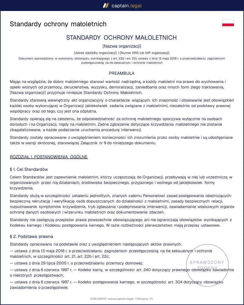 Standardy ochrony małoletnich wg art. 22c: wzór