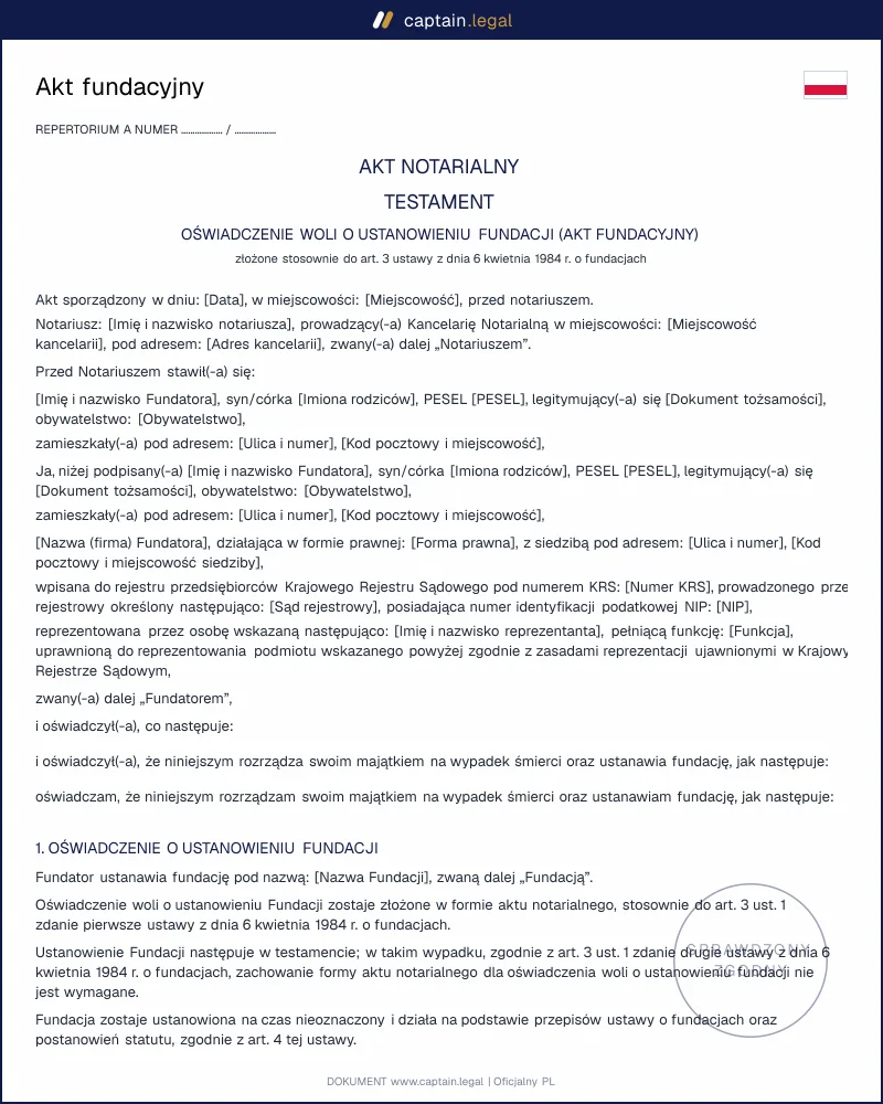 Akt fundacyjny wg art. 3 ustawy o fundacjach: wzór