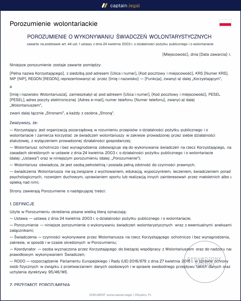 Porozumienie z wolontariuszem wg art. 44 ustawy