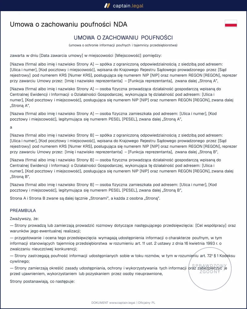 Umowa NDA wg art. 11 u.z.n.k.: wzór Word i PDF