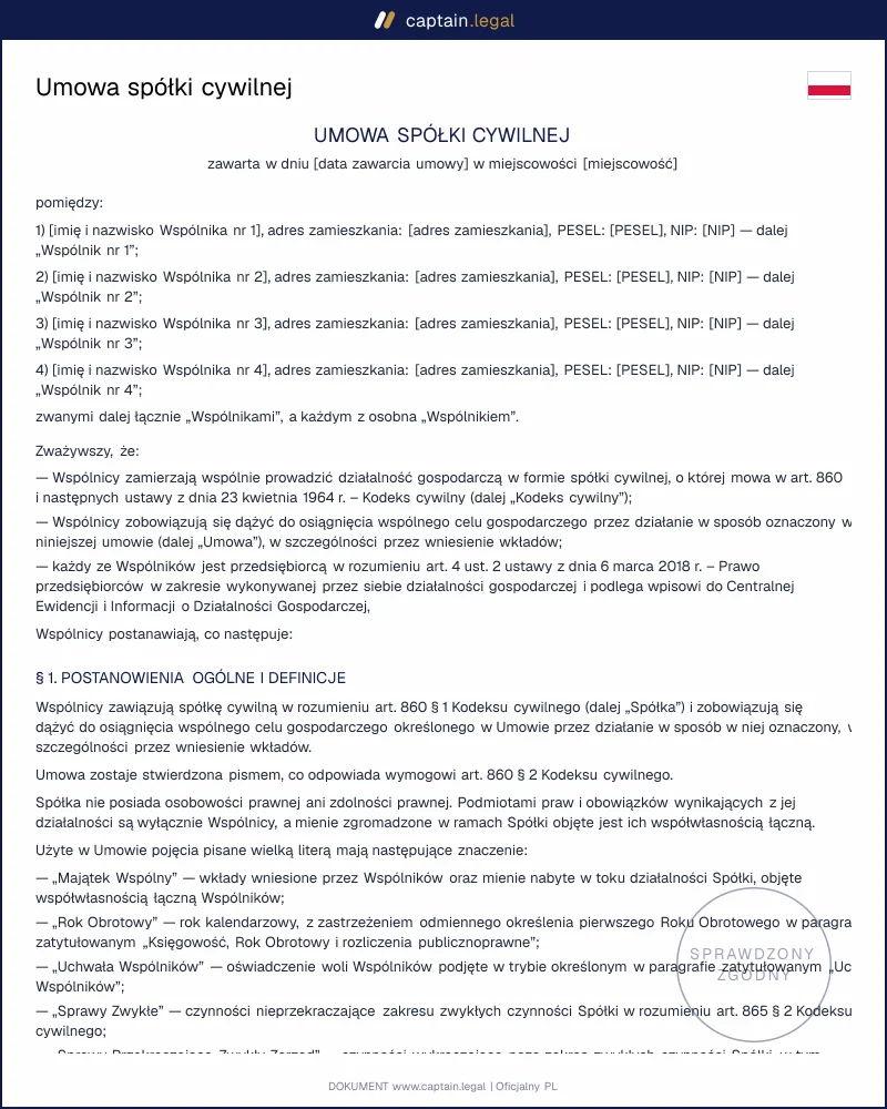 Umowa spółki cywilnej wg art. 860 KC: wzór Word i PDF