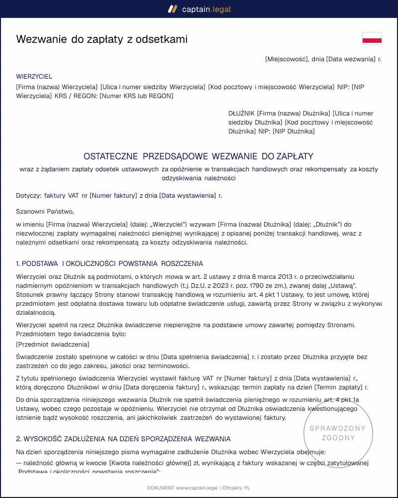 Wezwanie do zapłaty wg art. 10 ustawy: wzór Word i PDF