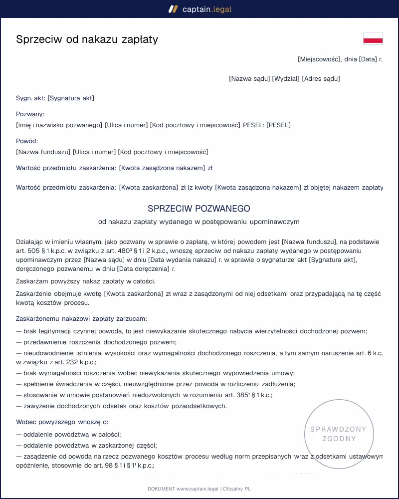 Sprzeciw od nakazu zapłaty wg art. 505 KPC: wzór