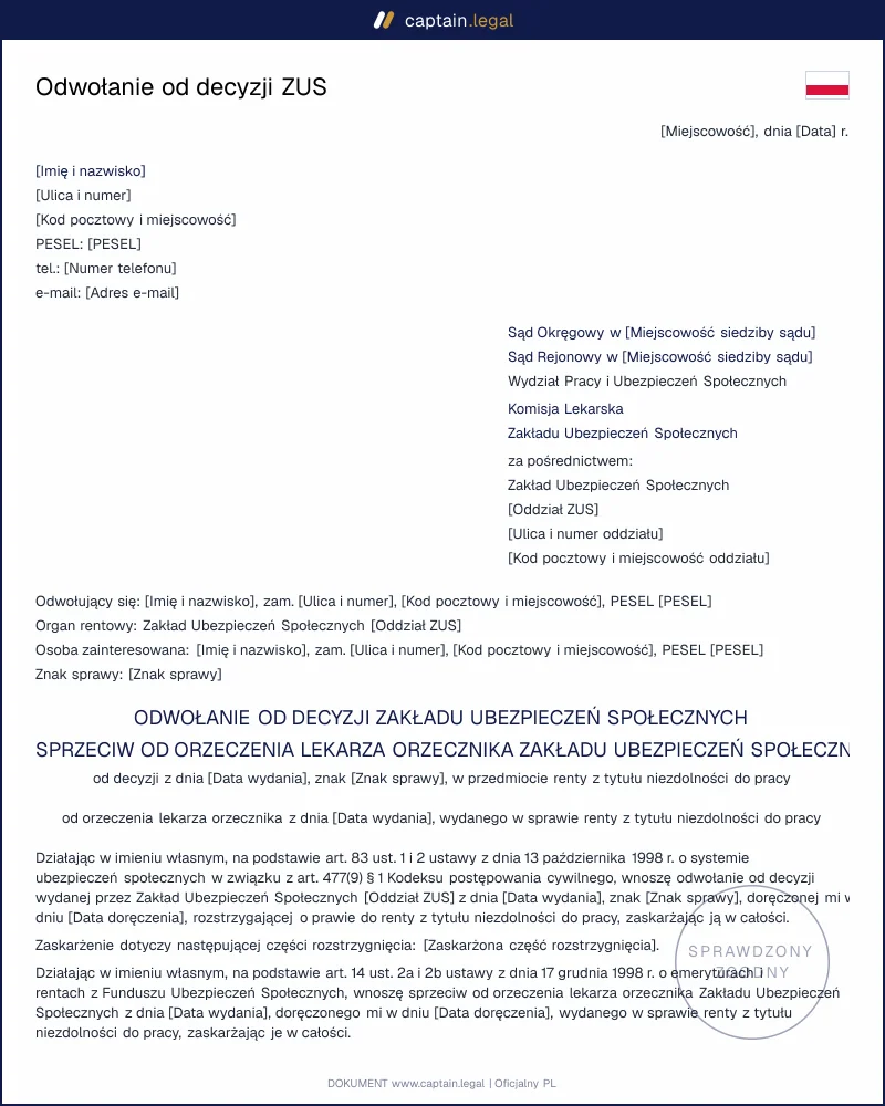 Odwołanie od decyzji ZUS wg art. 477(9) KPC: wzór pisma