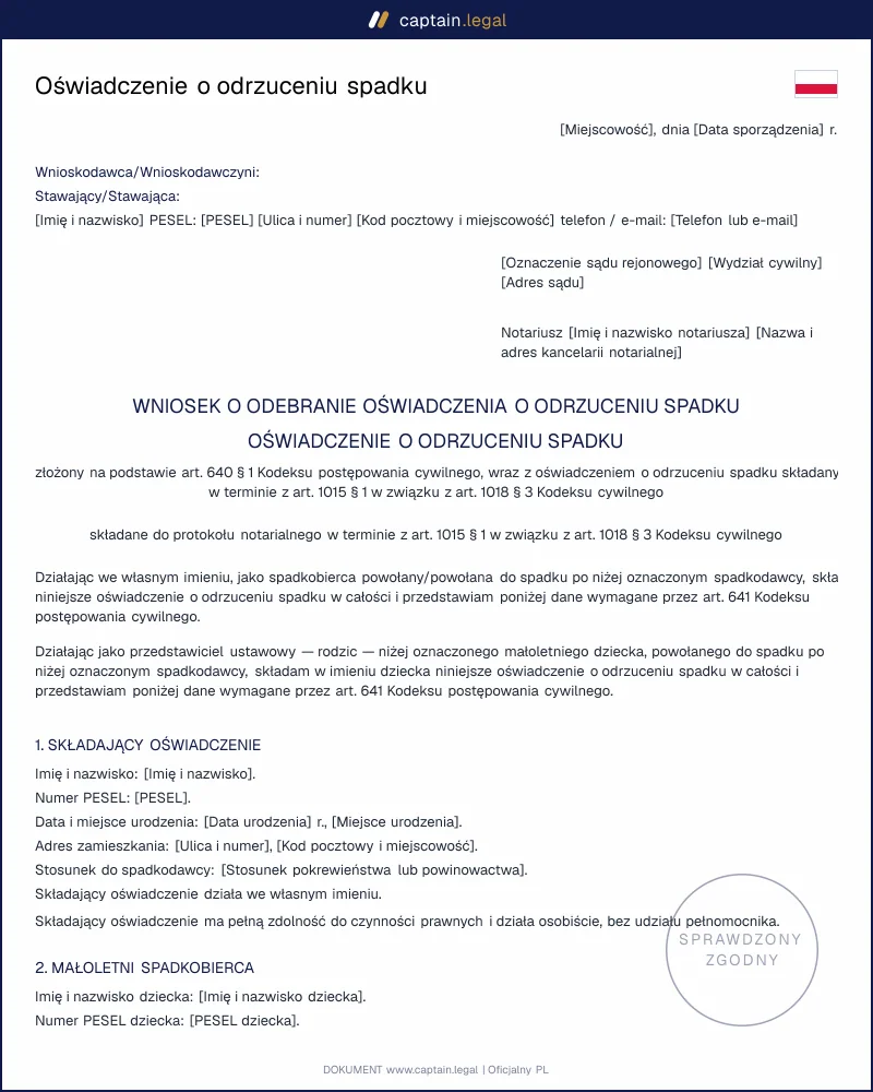 Odrzucenie spadku wg art. 1015 KC: wzór Word i PDF