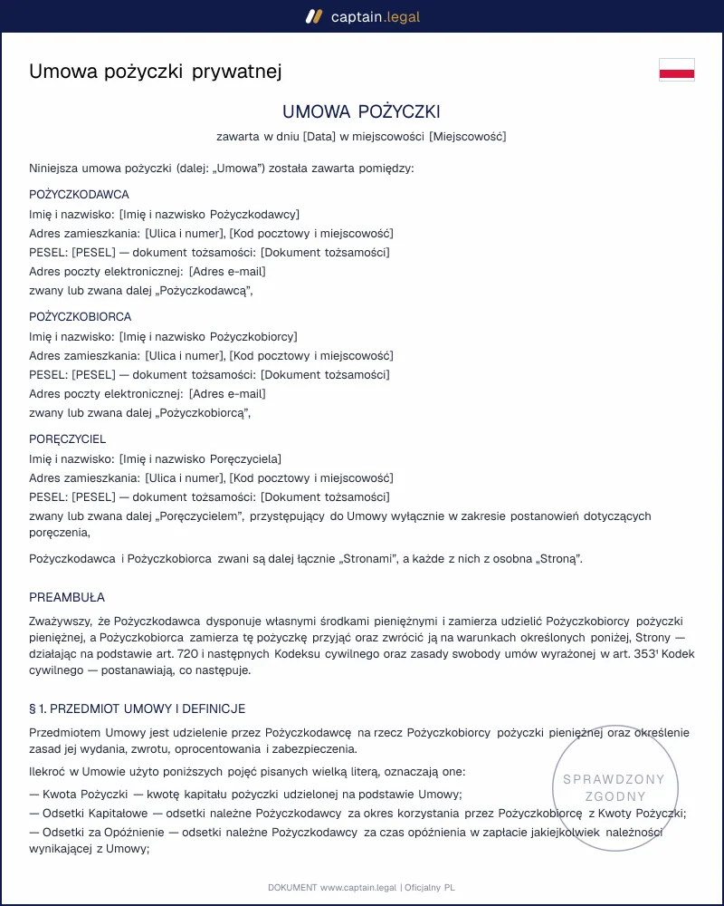 Umowa pożyczki prywatnej wg art. 720 KC: wzór