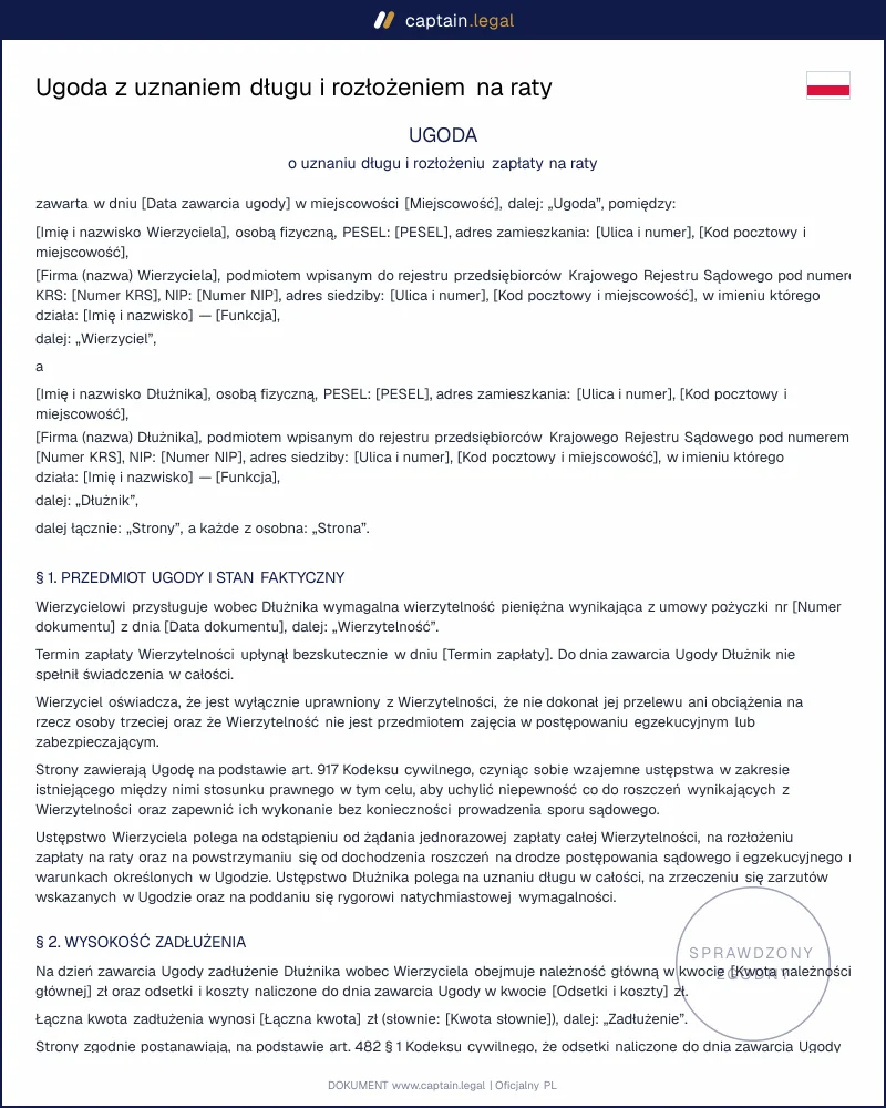 Ugoda z uznaniem długu wg art. 917 KC: wzór PDF i Word