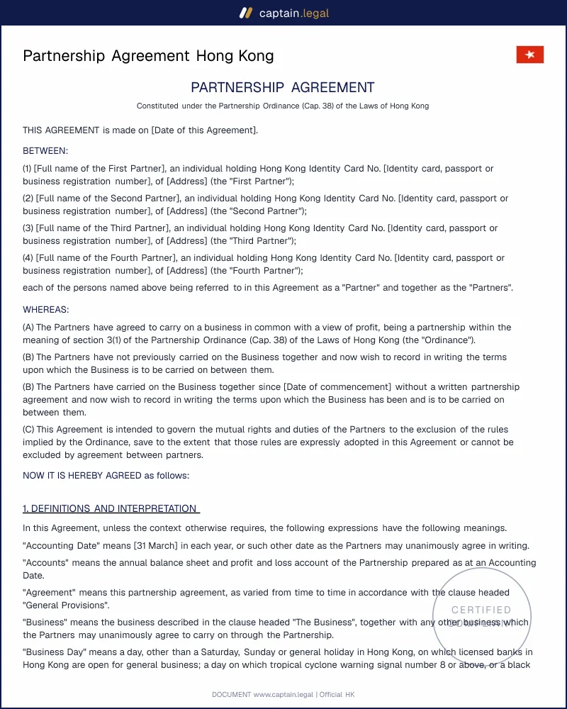 Partnership Agreement HK: Cap. 38 ss. 26, 27 and 35