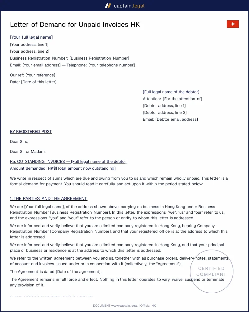 Letter of Demand HK: Unpaid Invoices, Cap. 32 s. 178