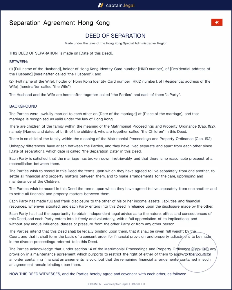 Separation Agreement HK: Cap. 192 s.14 Deed Template