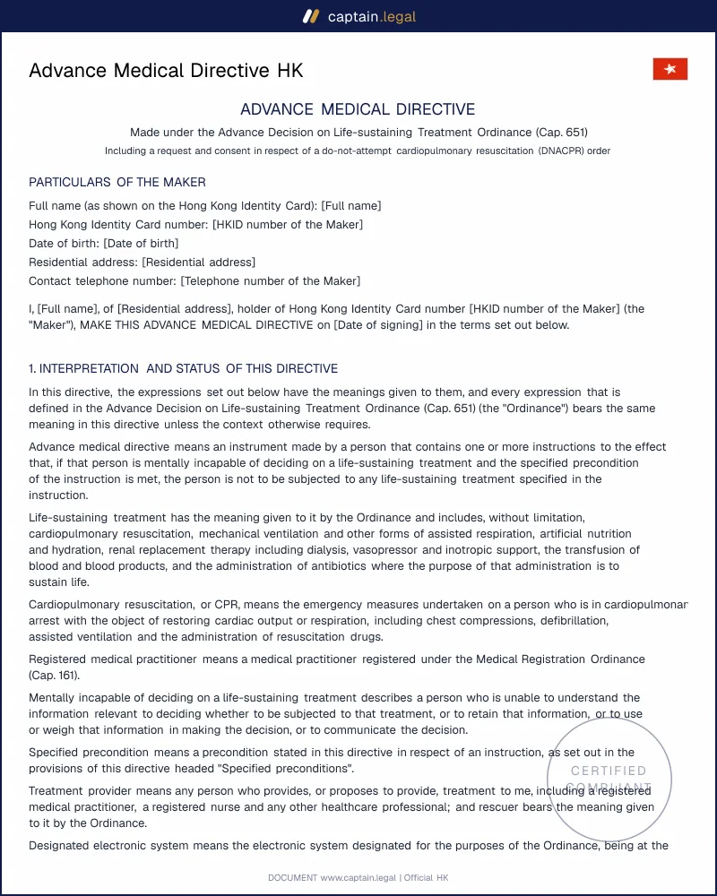 Advance Medical Directive Cap. 651: Hong Kong AMD Form