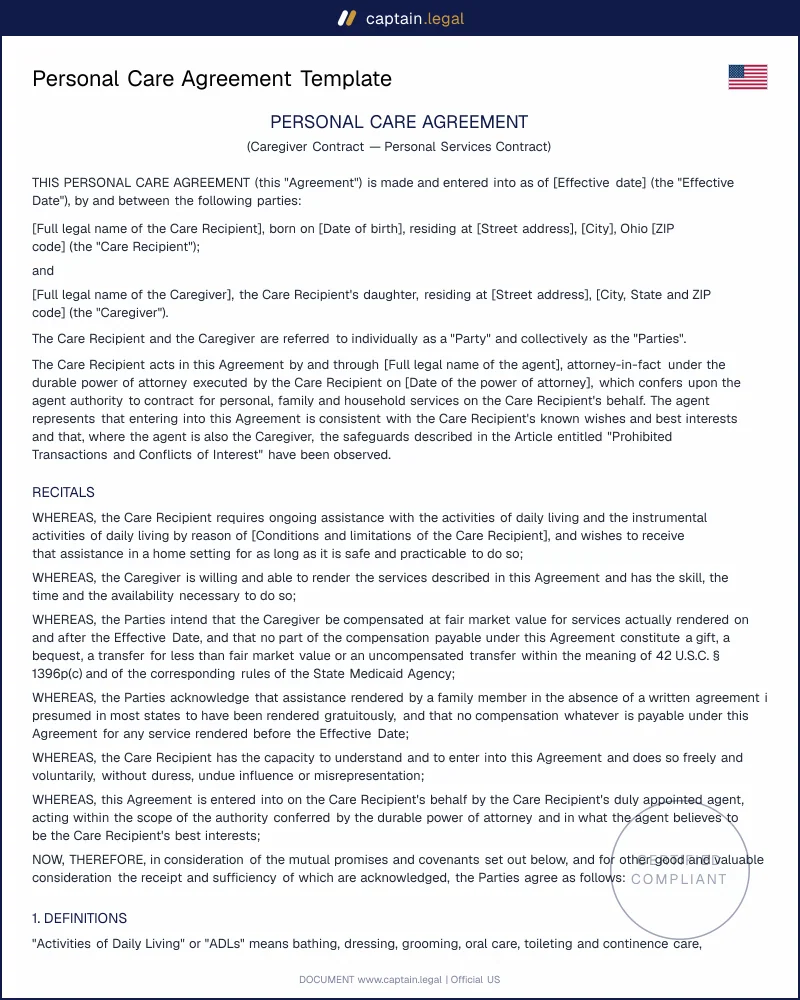 Personal Care Agreement | 42 USC 1396p Look-Back Compliant