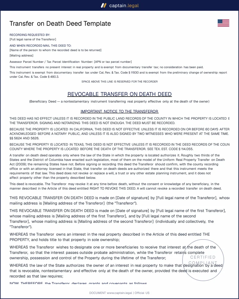 Transfer on Death Deed | Cal. Prob. 5624, Tex. Est. 114