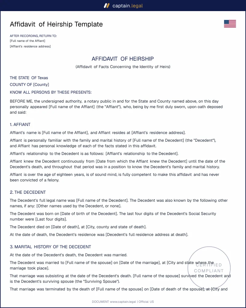 Affidavit of Heirship | Tex. Est. Code 203.002 Form