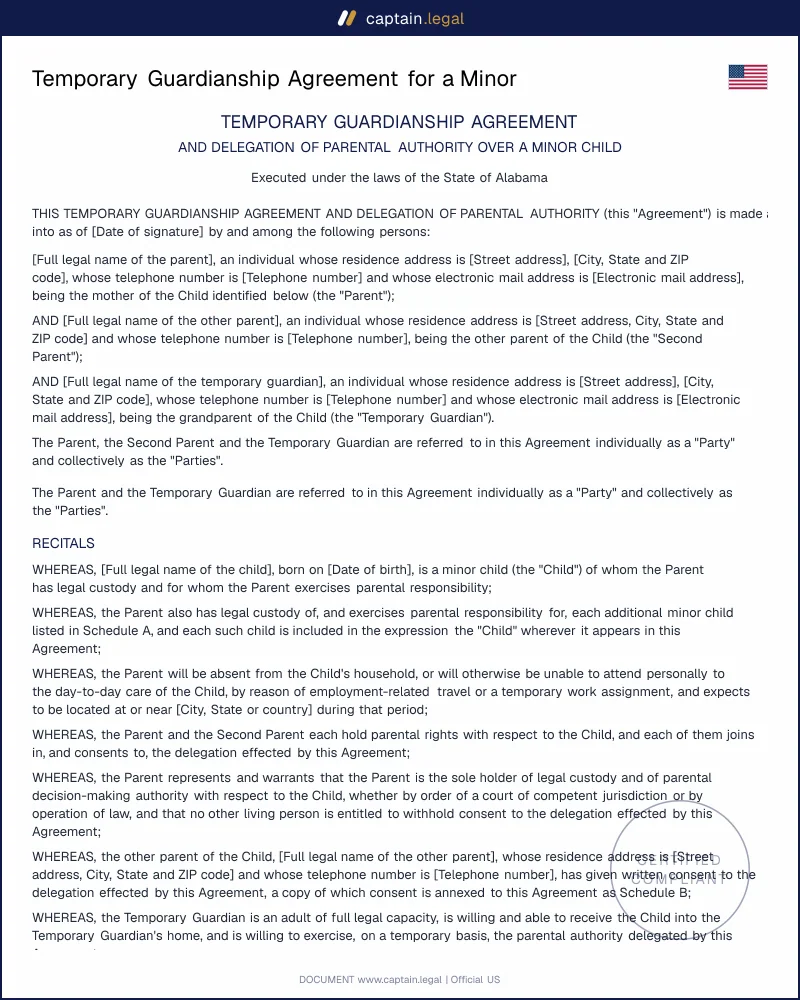 Temporary Guardianship Agreement | UPC 5-105 Compliant