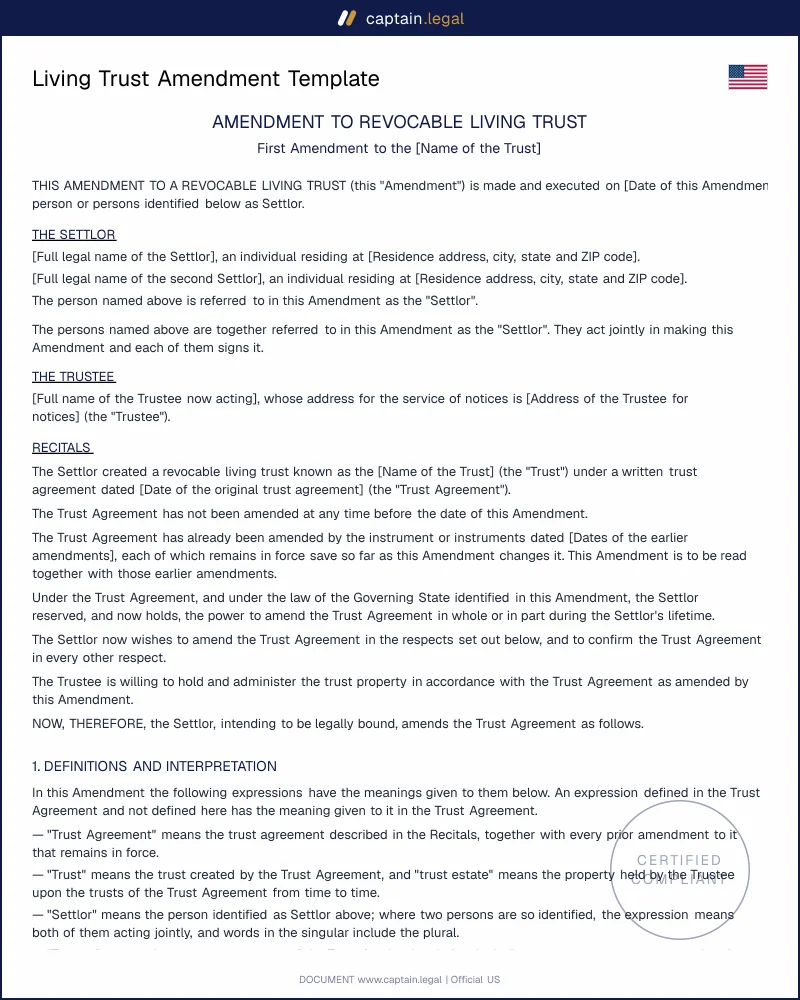 Living Trust Amendment | UTC §602 Compliant, 50 States