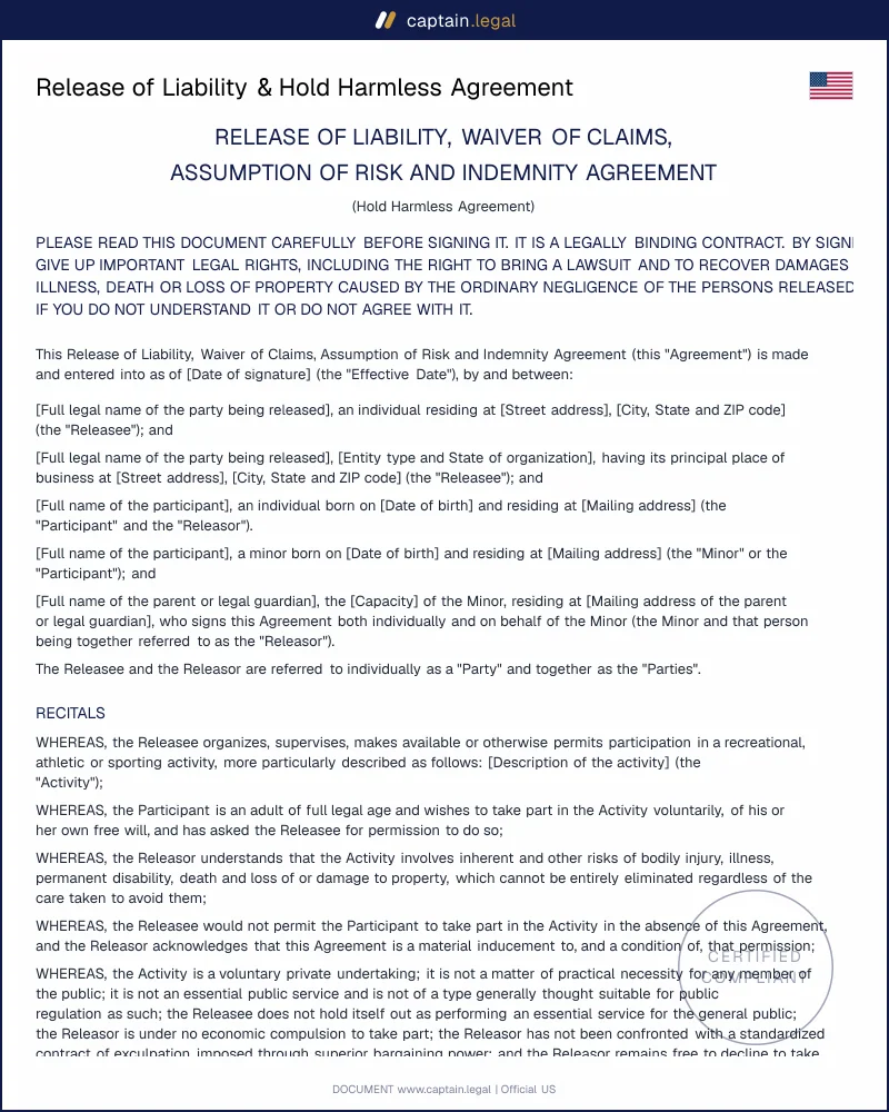 Release of Liability & Hold Harmless | 50-State Waiver