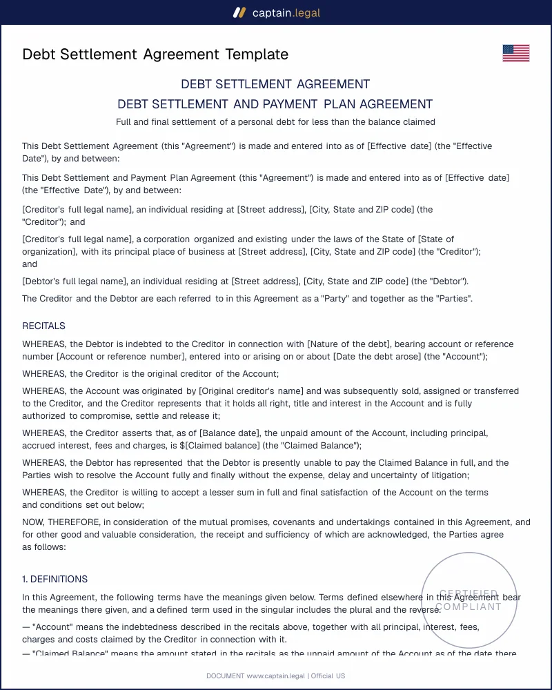 Debt Settlement Agreement | UCC 3-311 & IRC 108 Ready