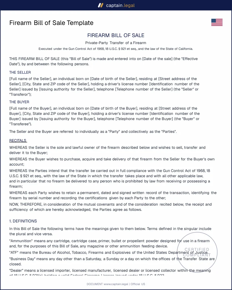 Firearm Bill of Sale | 18 U.S.C. 922(d) Compliant Form