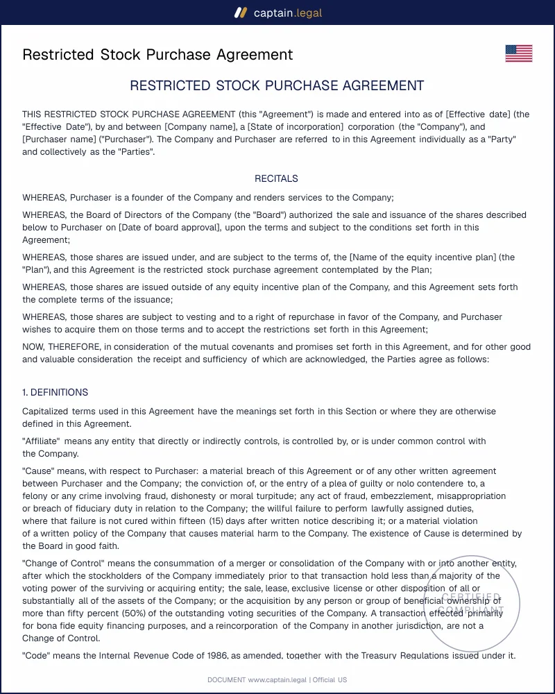 Restricted Stock Purchase Agreement | IRC 83(b), DGCL 202