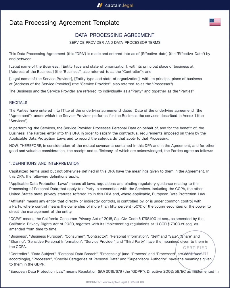 Data Processing Agreement | 11 CCR 7051 & GDPR Art. 28