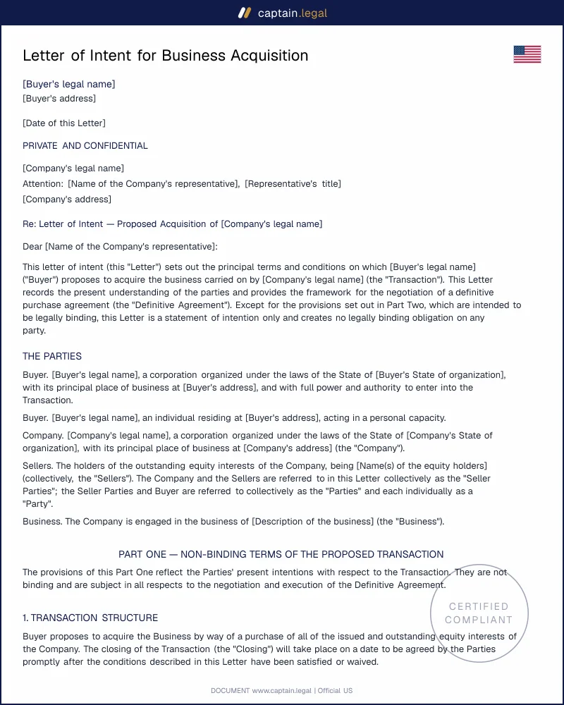 Letter of Intent for Business Acquisition | 16 CFR 803.5